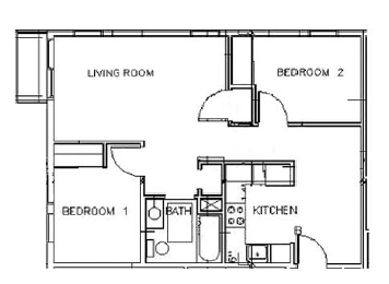 Floor plan for 2 beds, 1 bath, 687 sqft